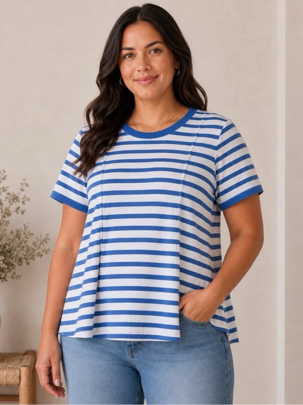 LOGO by Lori Goldstein Pleated Tee with Contrast Rib Trim Indigo M New A717820